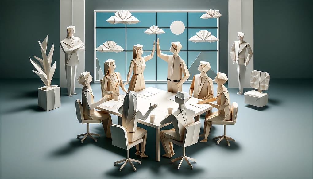 origami rendition of a peaceful office space, signifying a harmony of disc styles