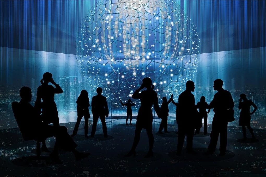 silhouettes of employees against a digital background, showing the importance of upskilling workforce in a digital age