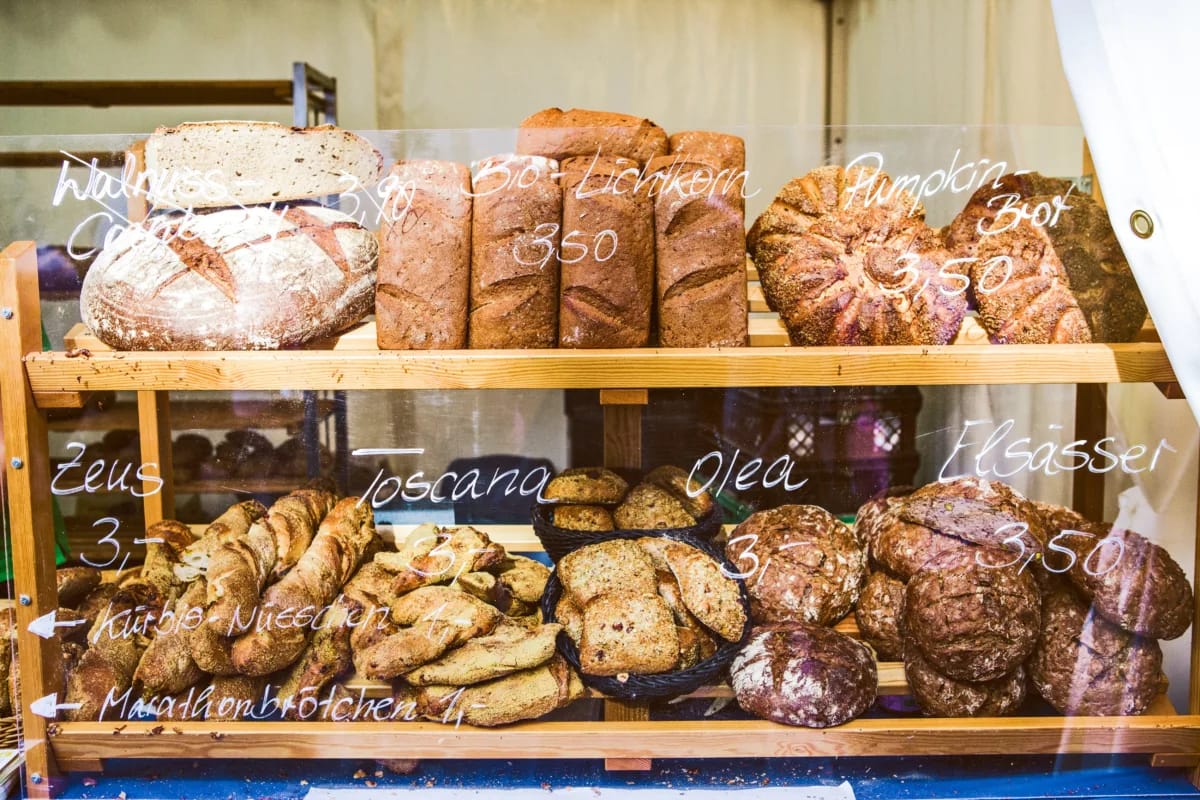 bread on display outside bakery with reasonable product prices for each type