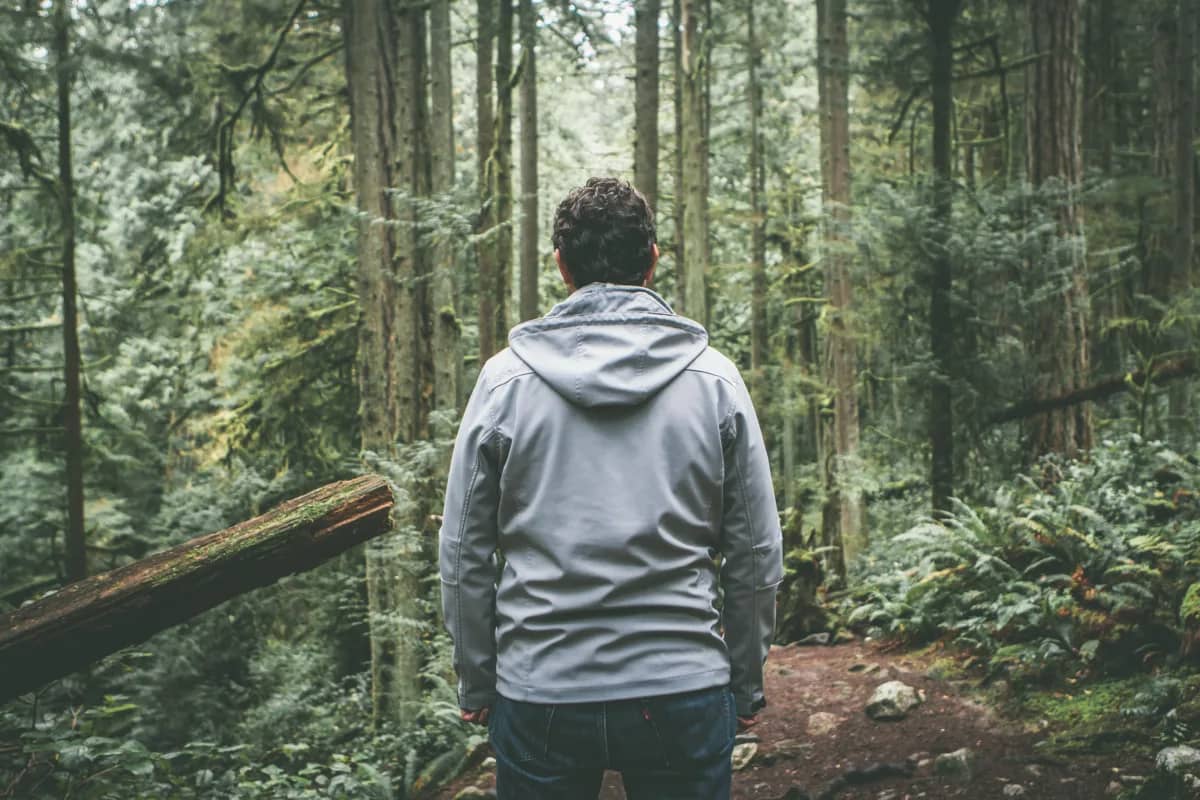 an introspective man in a forest exercising the "understanding your why" approach